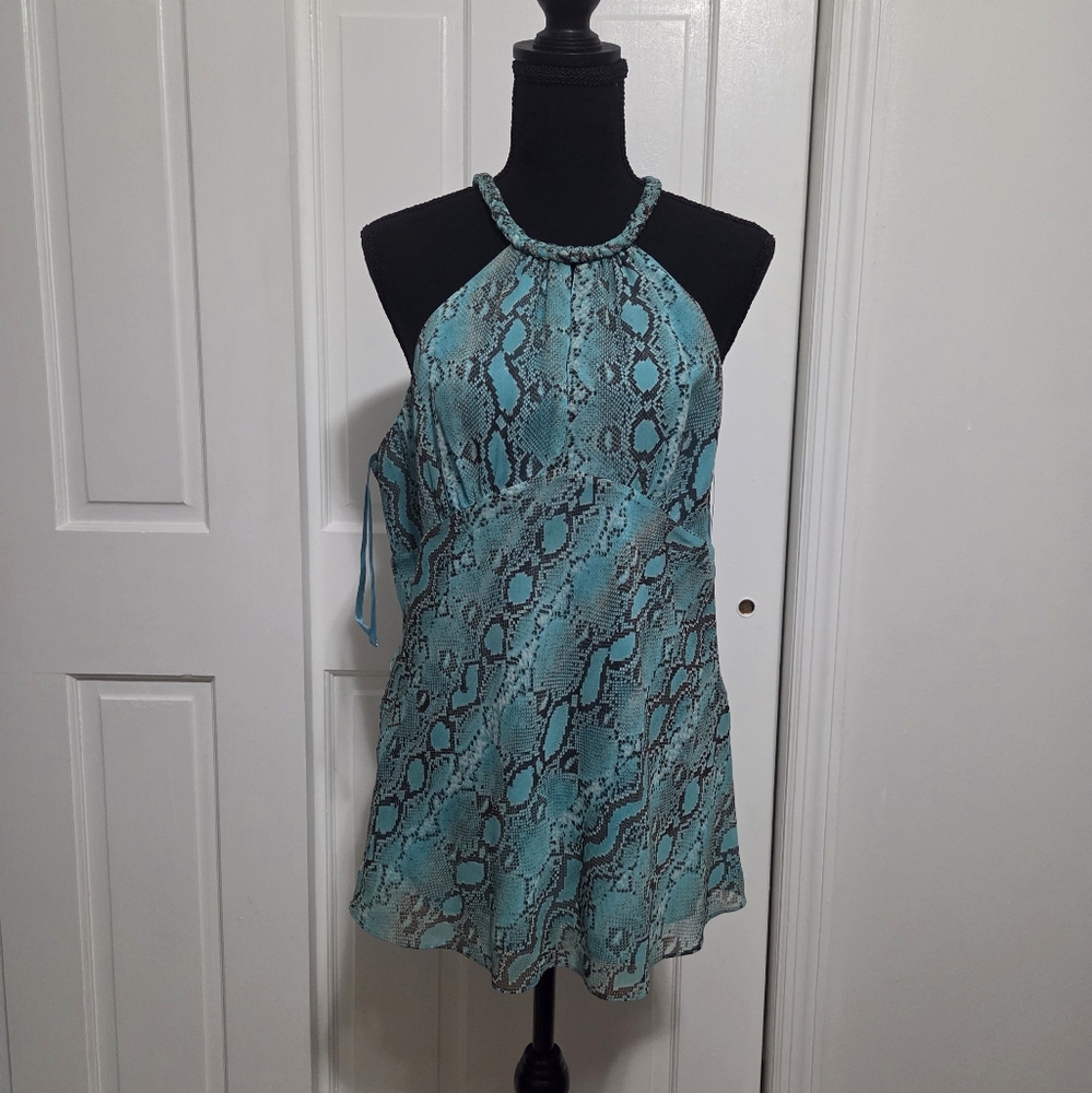 Michael Kors Women's US 12P Silk Teal Snake Print Halter Blouse Top